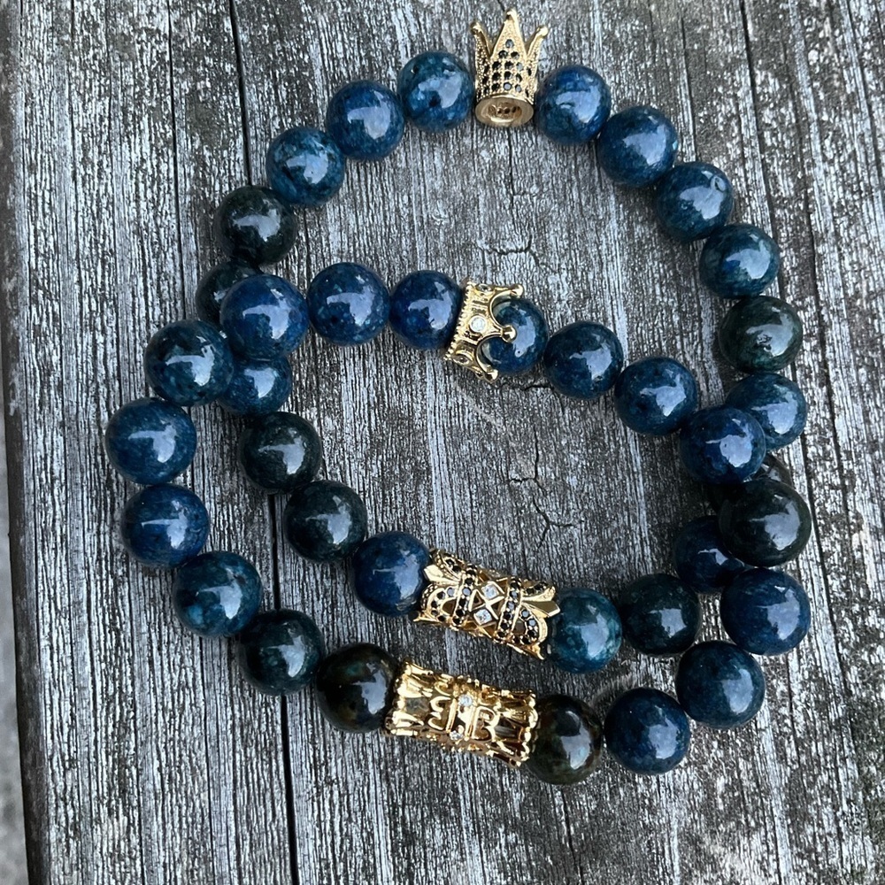 Hand Crafted Couple’s 2 Bracelets Blue Gemstone Pave King Queen Crown Rhinestone - Picture 11 of 11